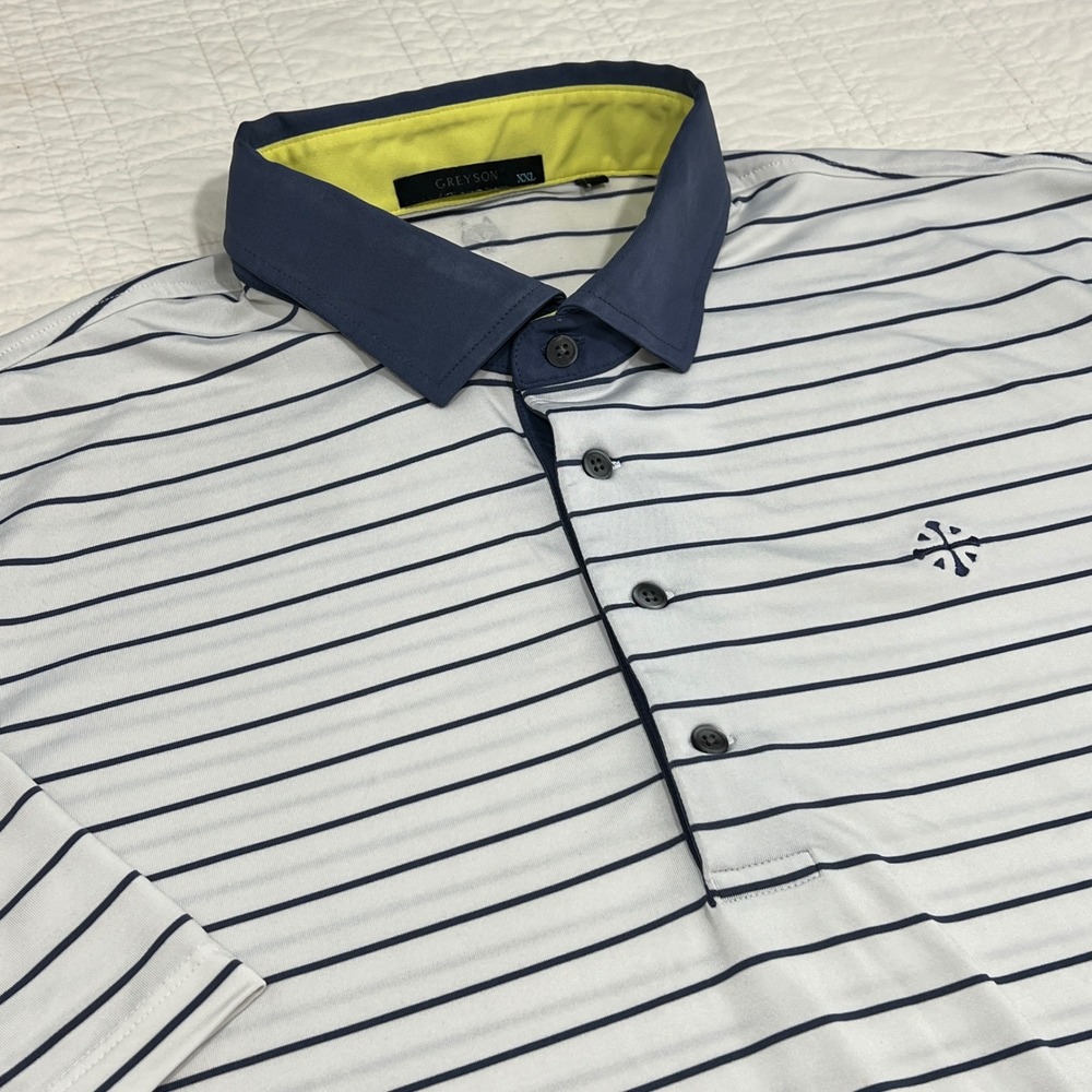 Greyson McLemore Golf Club Mens XXL Striped Polo Shirt White Blue Stretch *NOTE